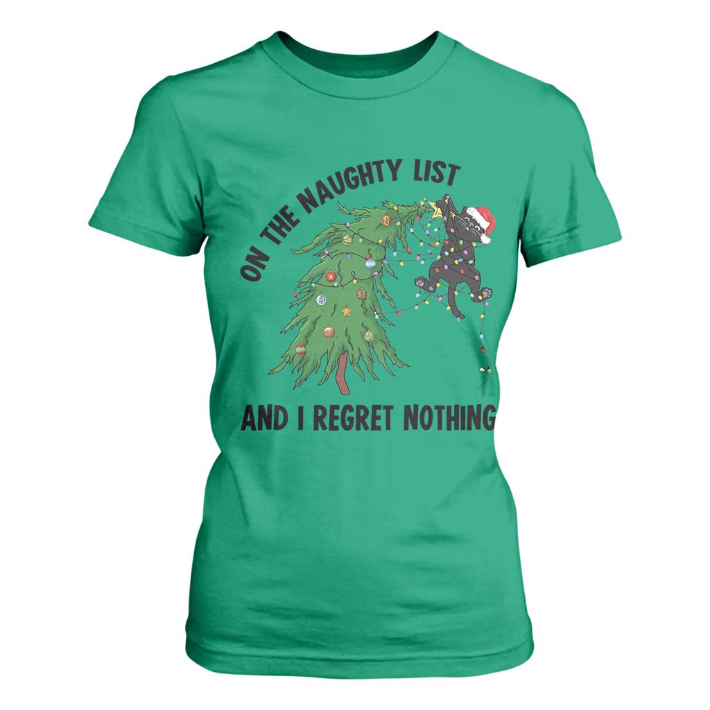 Funny Black Cat Christmas T Shirt For Women On the Naughty List And I Regret Nothing TS14 Irish Green Print Your Wear