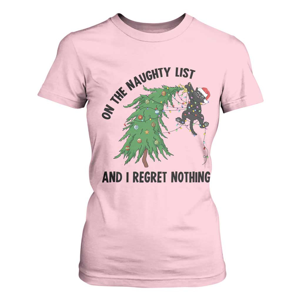 Funny Black Cat Christmas T Shirt For Women On the Naughty List And I Regret Nothing TS14 Light Pink Print Your Wear