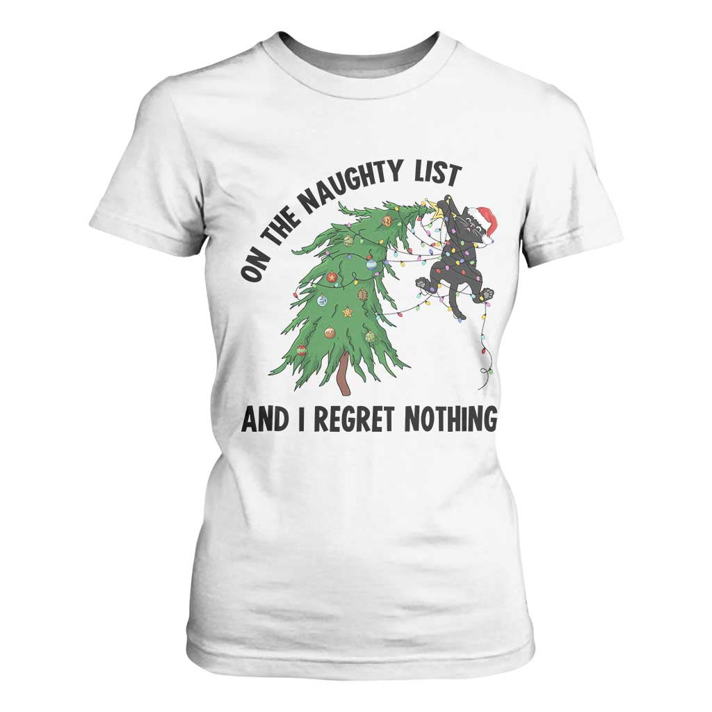 Funny Black Cat Christmas T Shirt For Women On the Naughty List And I Regret Nothing TS14 White Print Your Wear