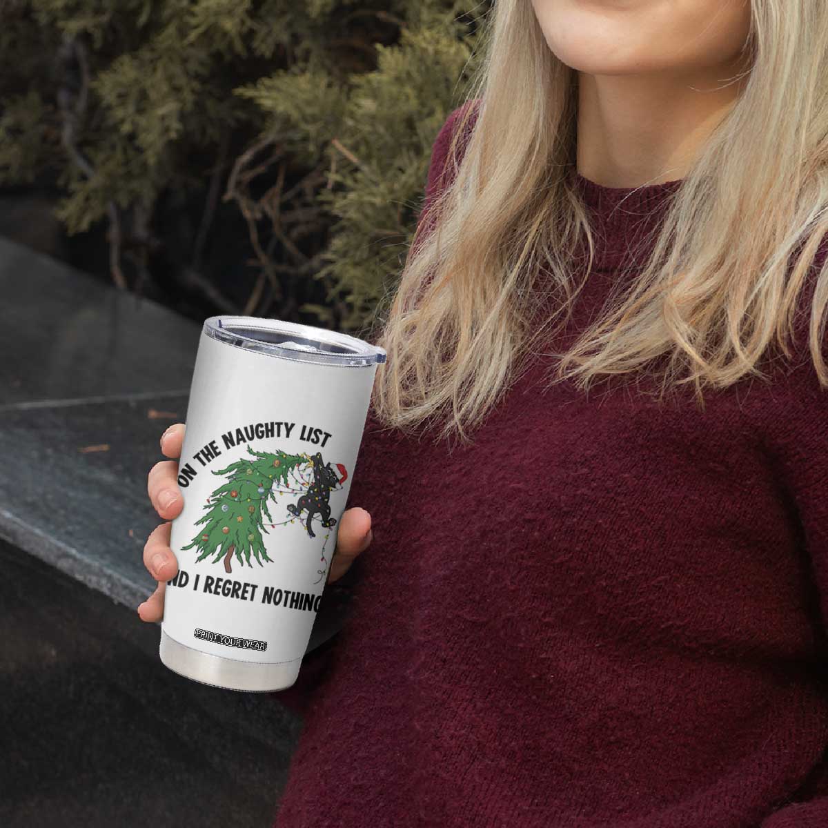 Funny Black Cat Christmas Tumbler Cup On the Naughty List And I Regret Nothing TS14 Print Your Wear
