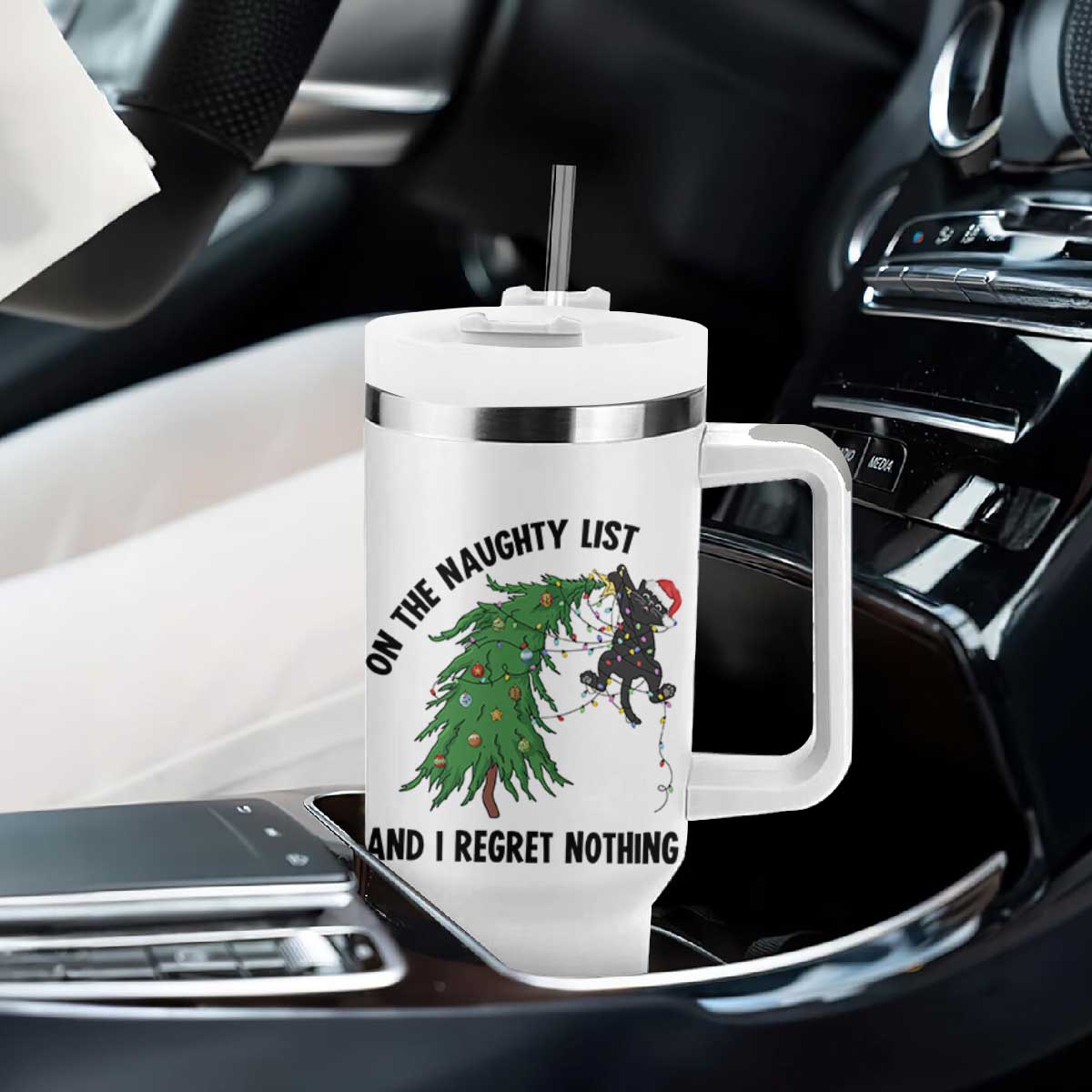 Funny Black Cat Christmas Tumbler With Handle On the Naughty List And I Regret Nothing TS14 Print Your Wear