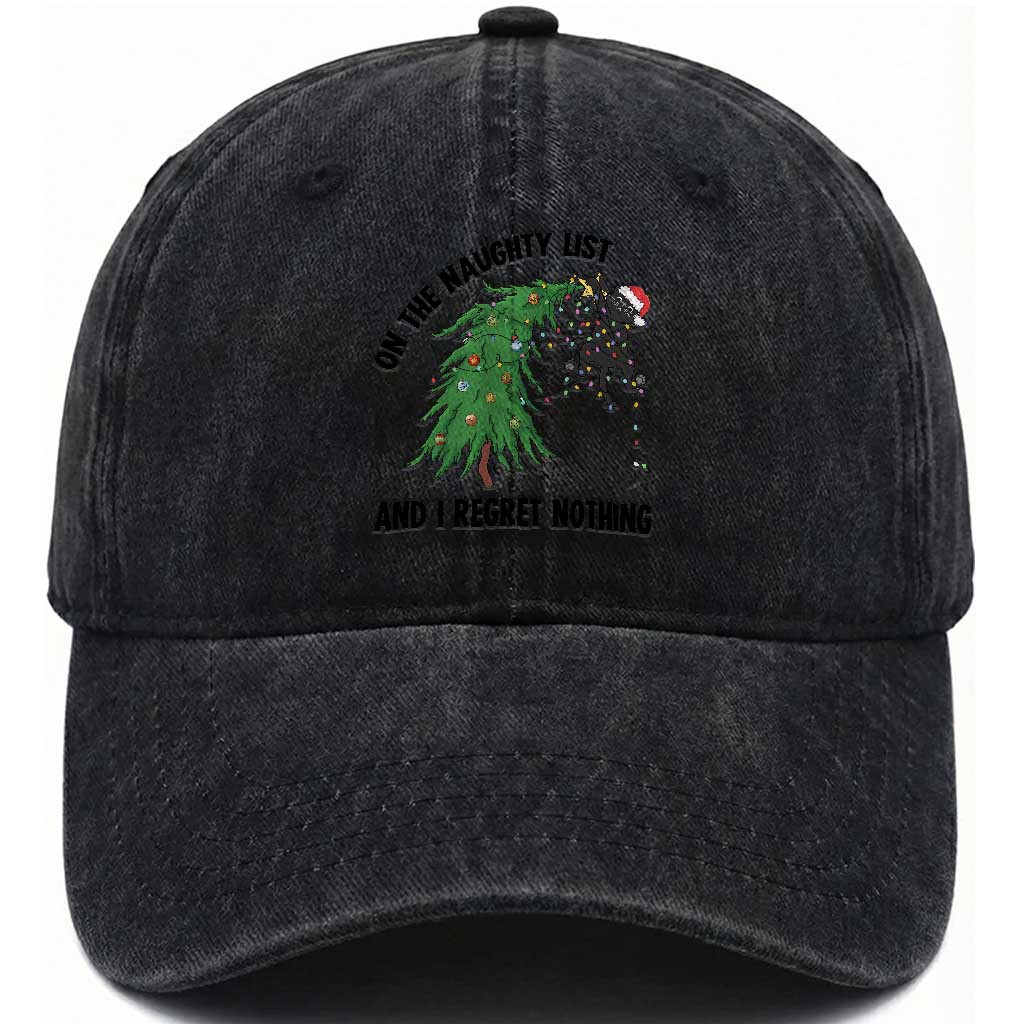 Funny Black Cat Christmas Washed Cotton Baseball Cap On the Naughty List And I Regret Nothing TS14 Washed Cap Universal Fit Black Print Your Wear