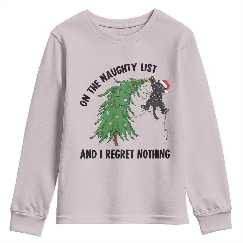 Funny Black Cat Christmas Youth Sweatshirt On the Naughty List And I Regret Nothing TS14 Ice Gray Print Your Wear