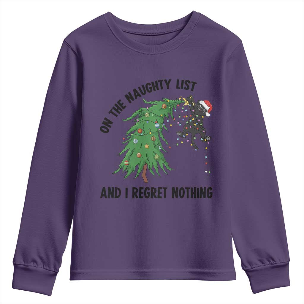 Funny Black Cat Christmas Youth Sweatshirt On the Naughty List And I Regret Nothing TS14 Purple Print Your Wear