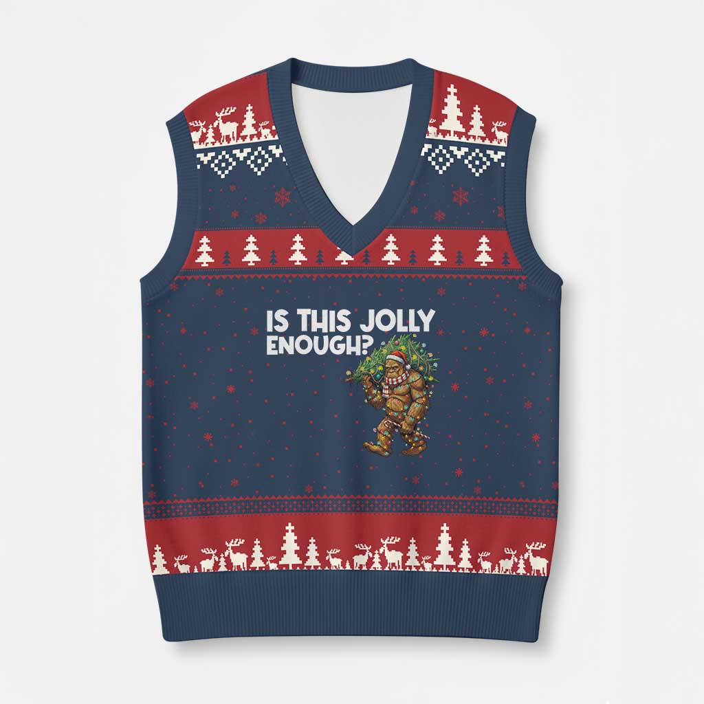 Funny Bigfoot Xmas V-Neck Knit Sweater Vest Is This Jolly Enough TS14 Navy Red Print Your Wear