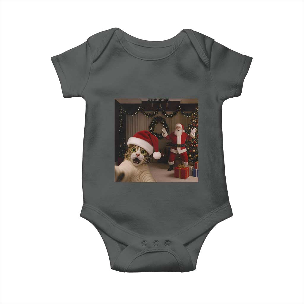 Funny Cat With Santa Selfie Christmas Baby Onesie TS14 Dark Heather Print Your Wear