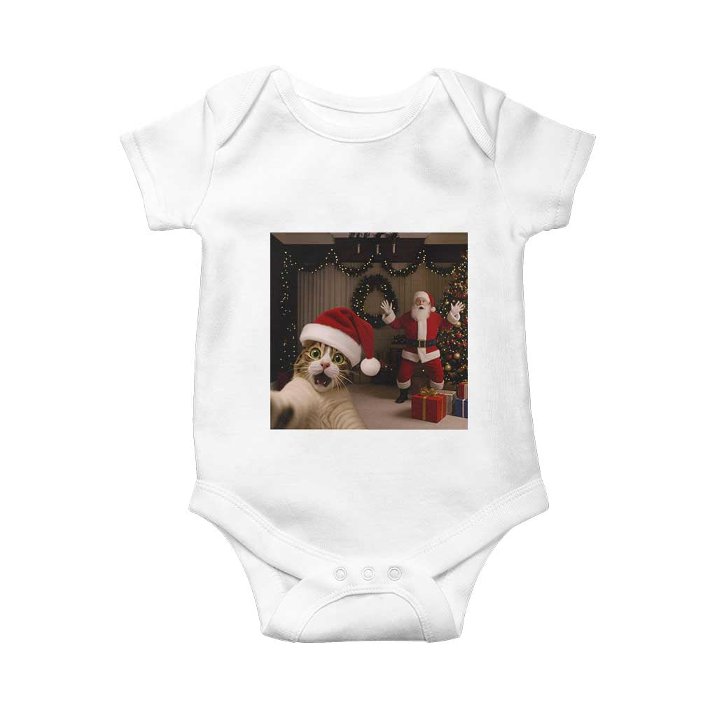 Funny Cat With Santa Selfie Christmas Baby Onesie TS14 White Print Your Wear