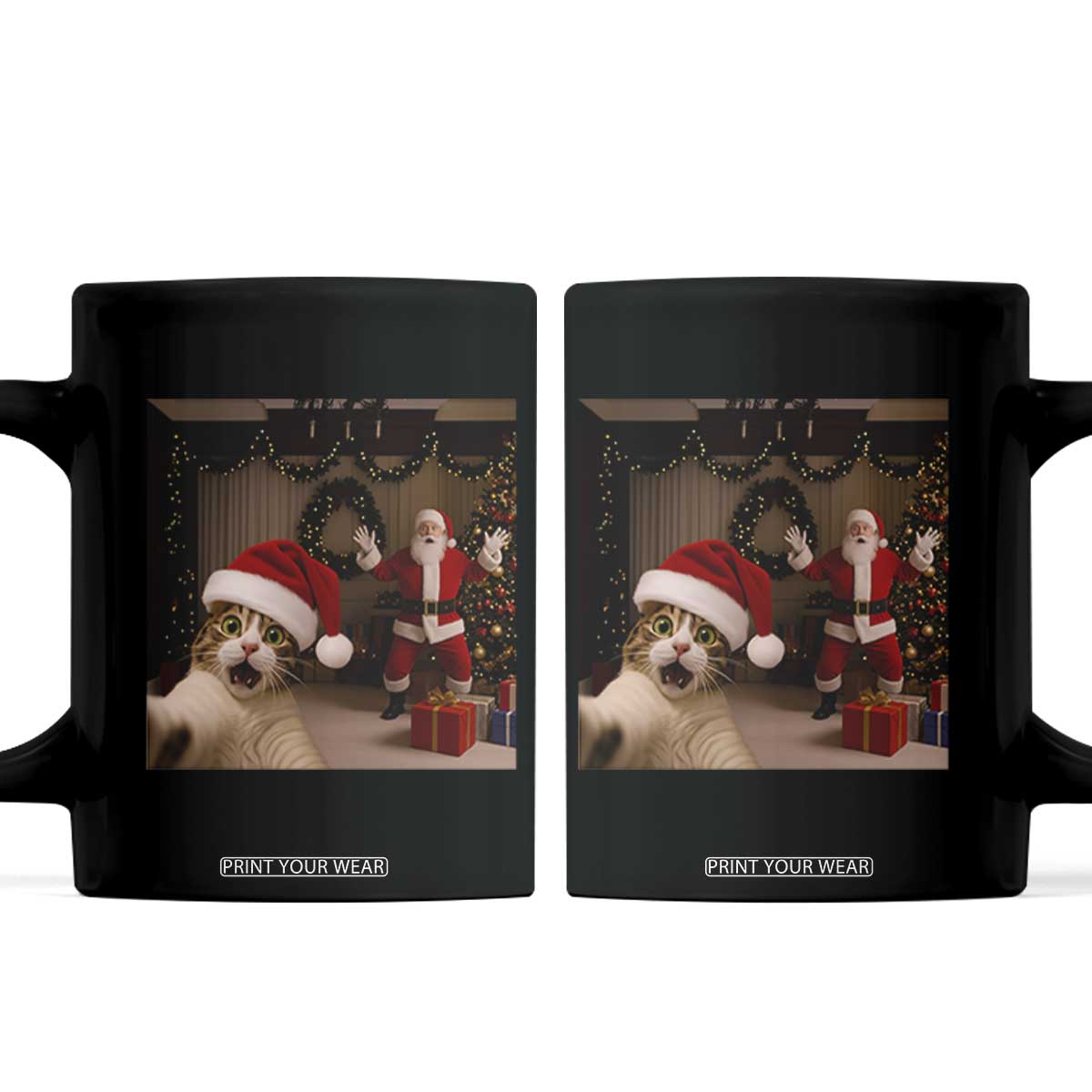 Funny Cat With Santa Selfie Christmas Coffee Mug TS14 Black Print Your Wear