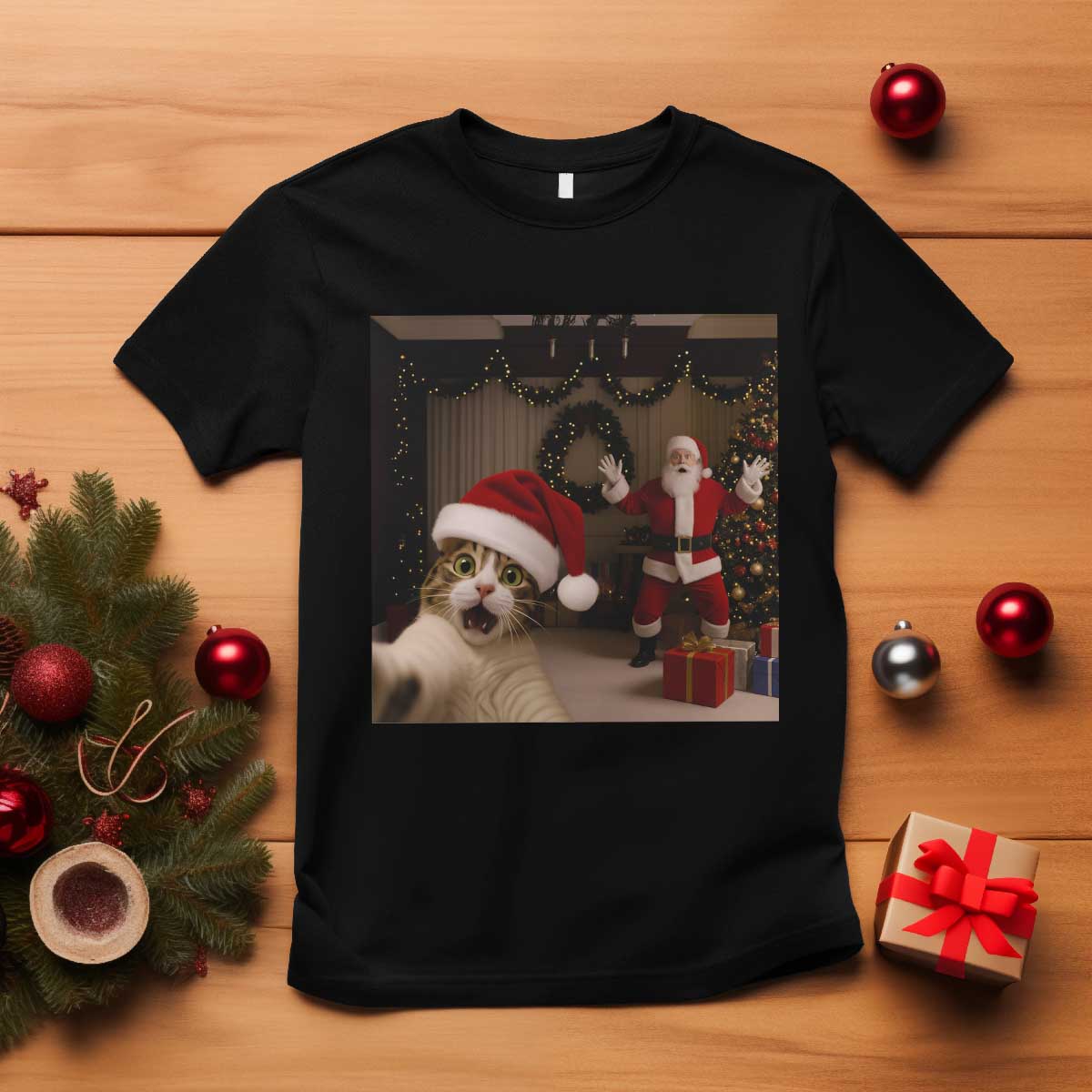 Funny Cat With Santa Selfie Christmas T Shirt TS14 Black Print Your Wear