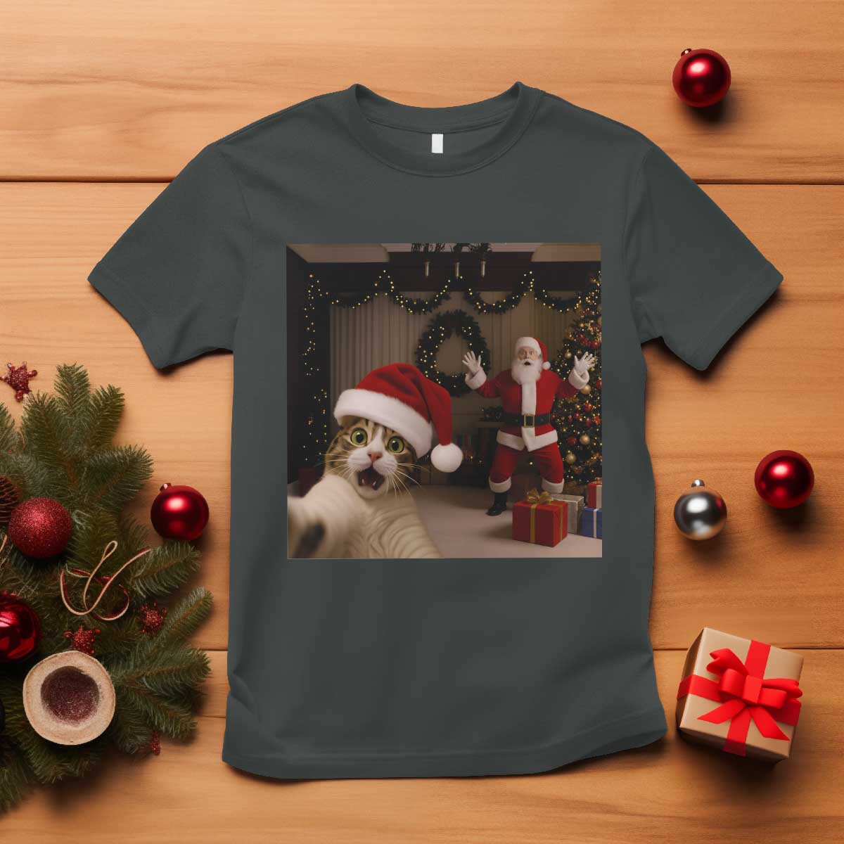 Funny Cat With Santa Selfie Christmas T Shirt TS14 Dark Heather Print Your Wear