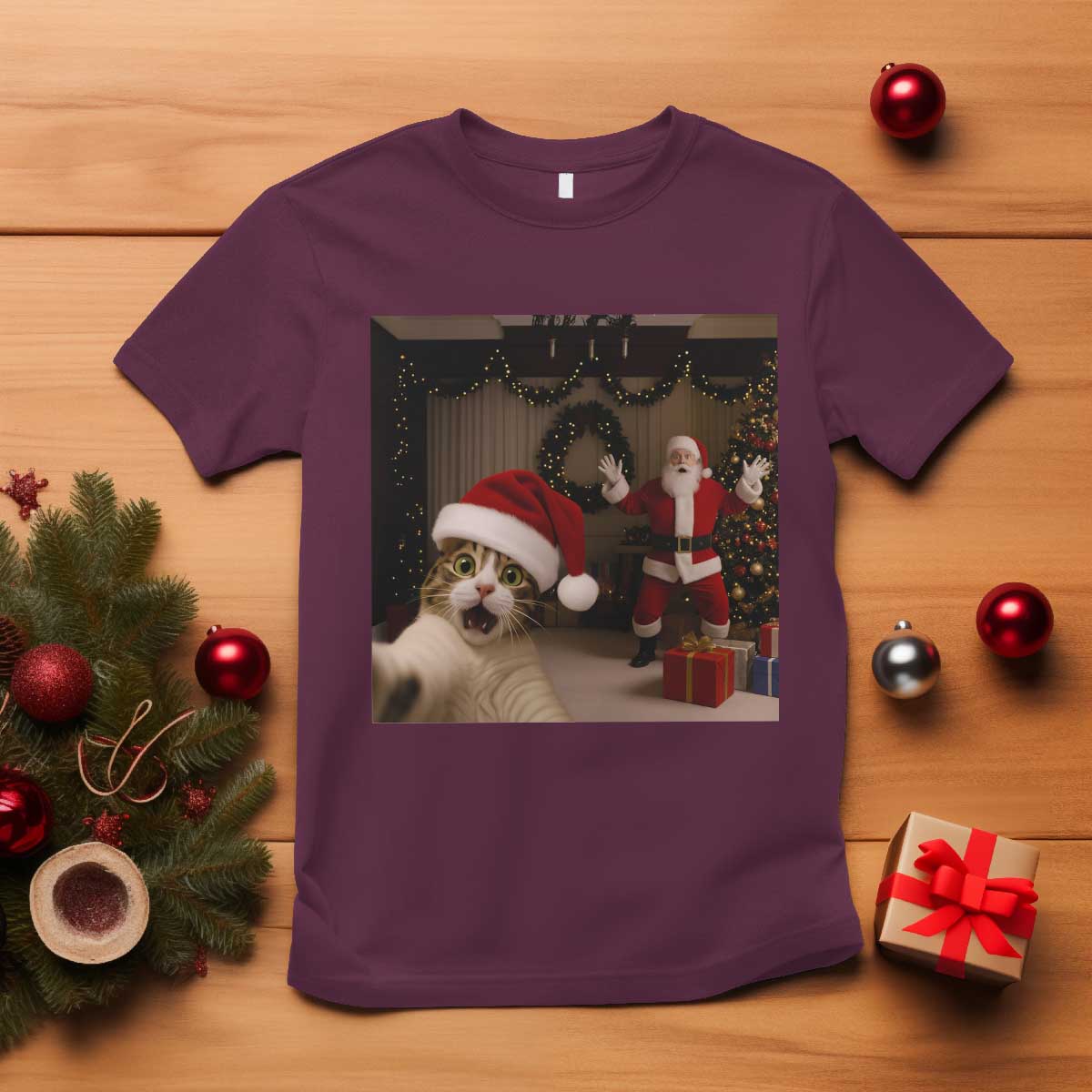 Funny Cat With Santa Selfie Christmas T Shirt TS14 Maroon Print Your Wear
