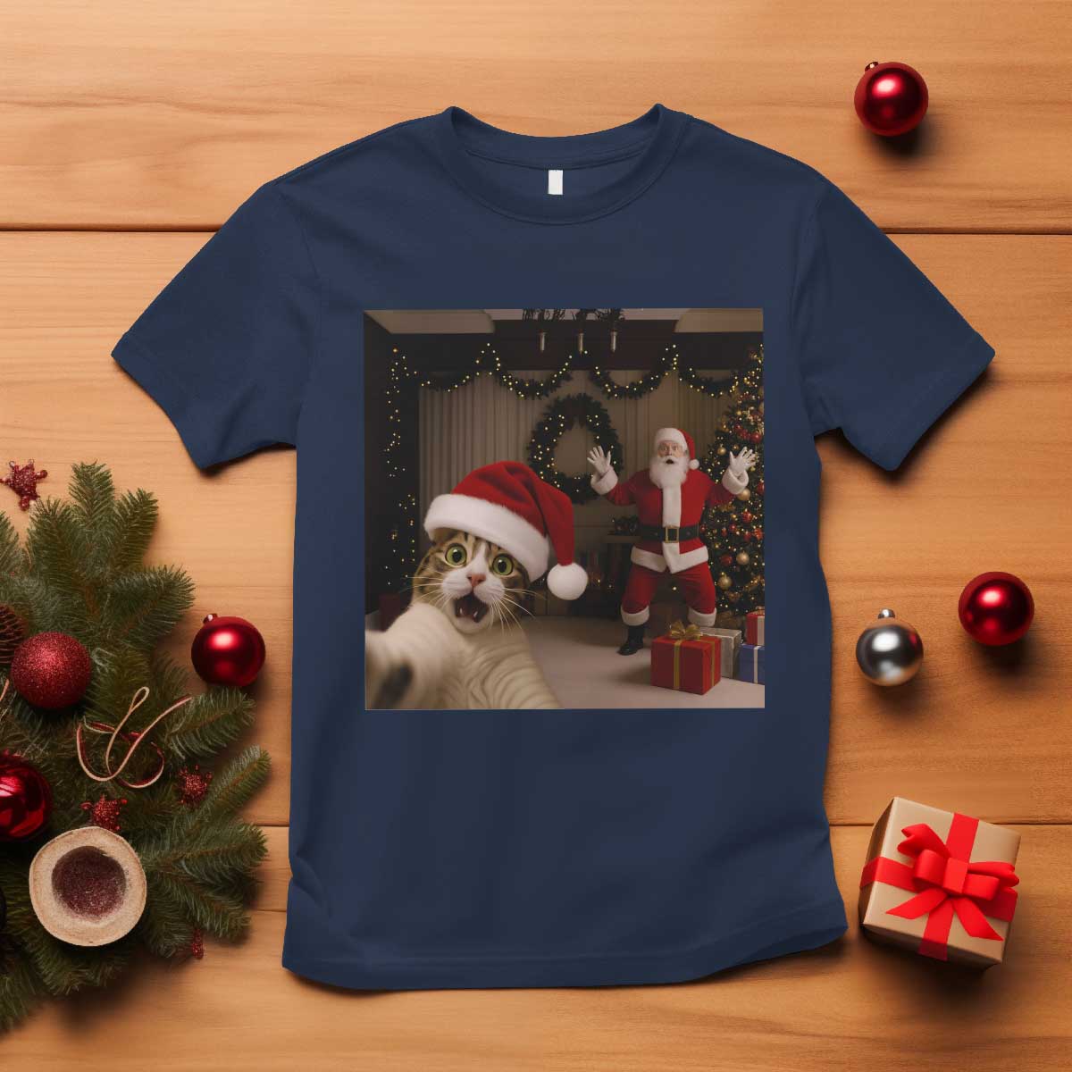 Funny Cat With Santa Selfie Christmas T Shirt TS14 Navy Print Your Wear