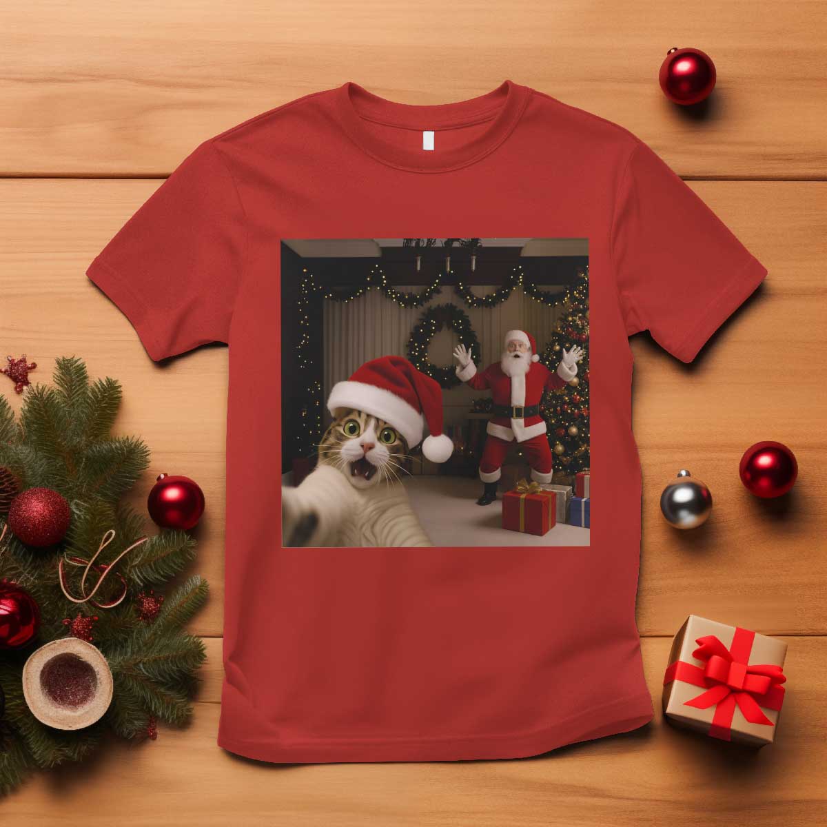 Funny Cat With Santa Selfie Christmas T Shirt TS14 Red Print Your Wear