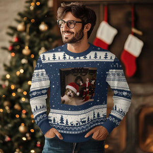 Funny Cat With Santa Selfie Xmas Ugly Christmas Sweater TS14 Navy Beige Print Your Wear