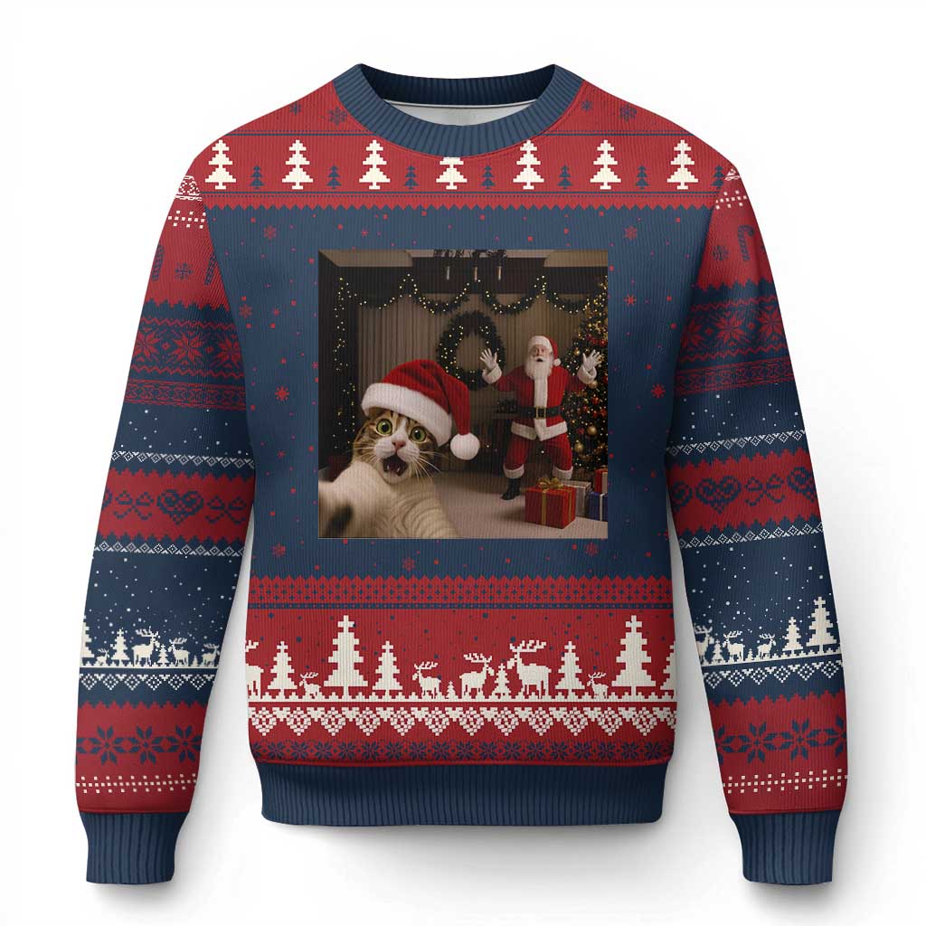 Funny Cat With Santa Selfie Xmas Ugly Christmas Sweater TS14 Navy Red Print Your Wear
