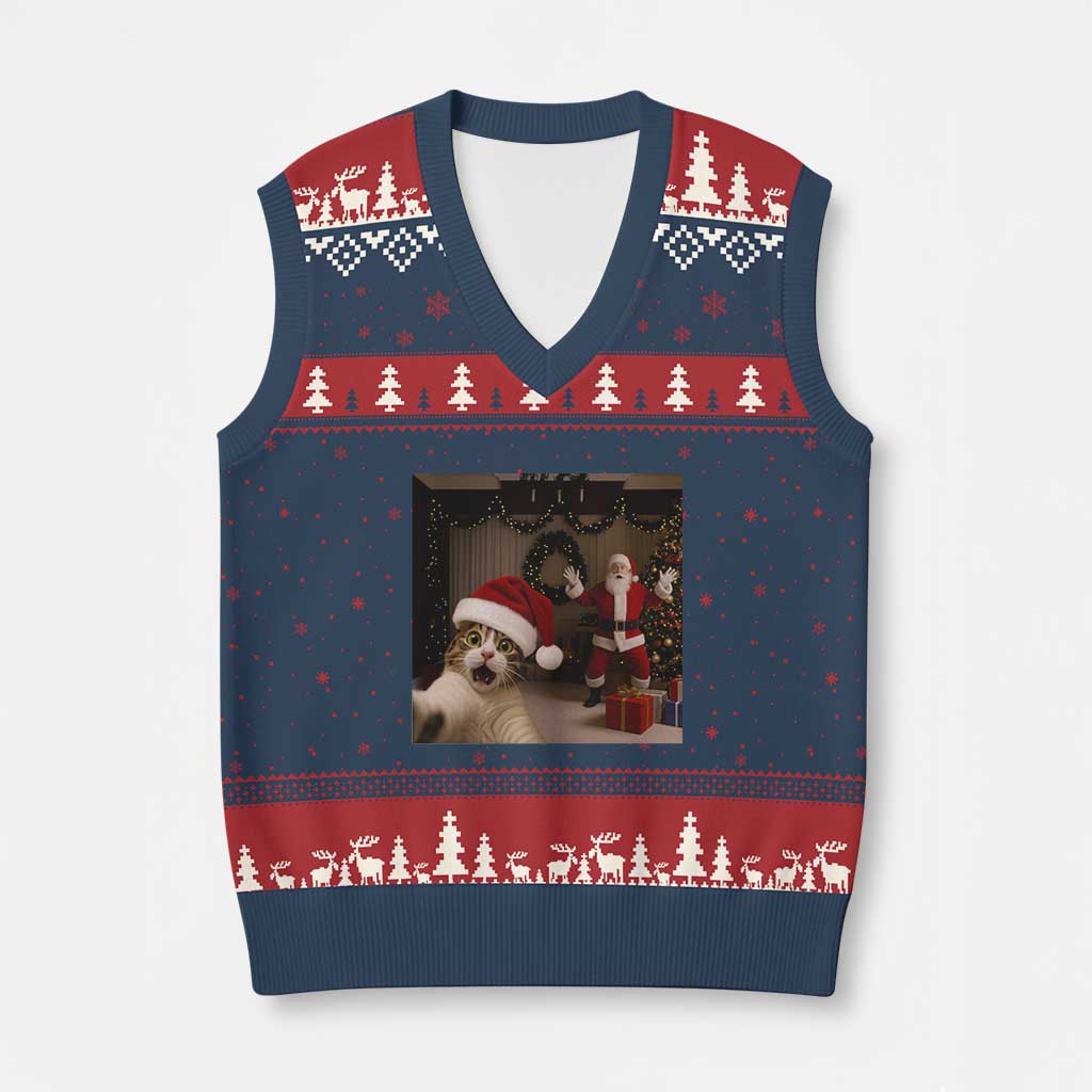 Funny Cat With Santa Selfie Xmas V-Neck Knit Sweater Vest TS14 Navy Red Print Your Wear