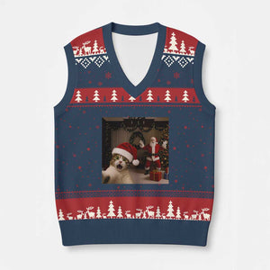 Funny Cat With Santa Selfie Xmas V-Neck Knit Sweater Vest TS14 Navy Red Print Your Wear