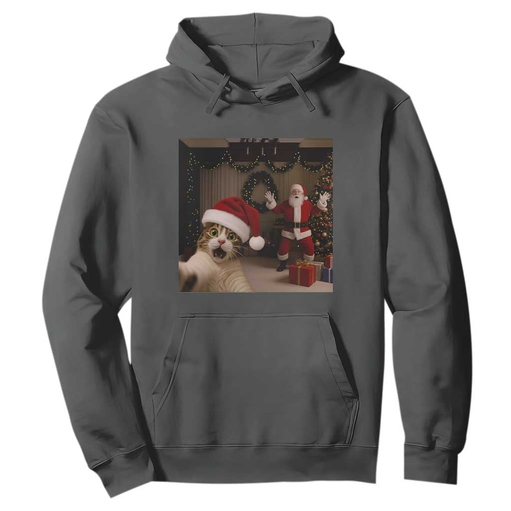 Funny Cat With Santa Selfie Christmas Hoodie TS14 Dark Heather Print Your Wear