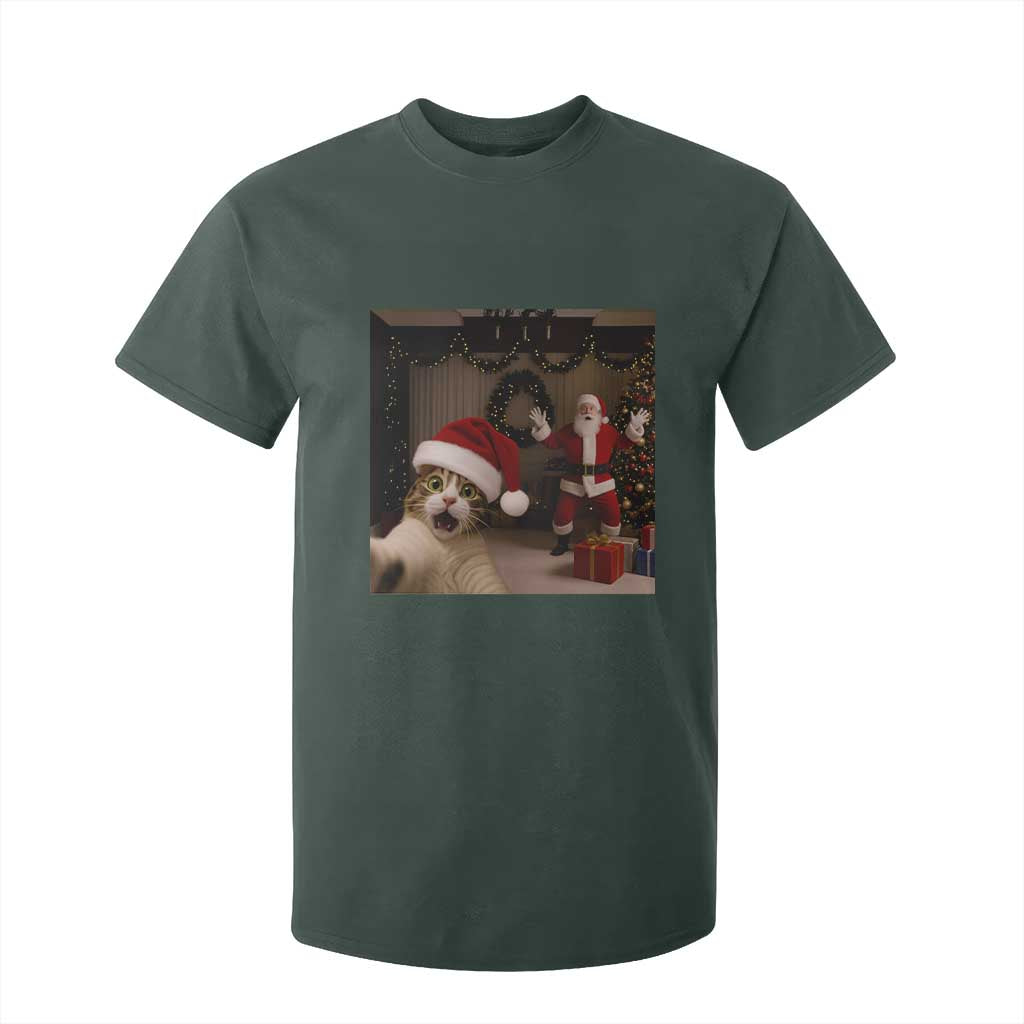 Funny Cat With Santa Selfie Christmas T Shirt For Kid TS14 Dark Forest Green Print Your Wear