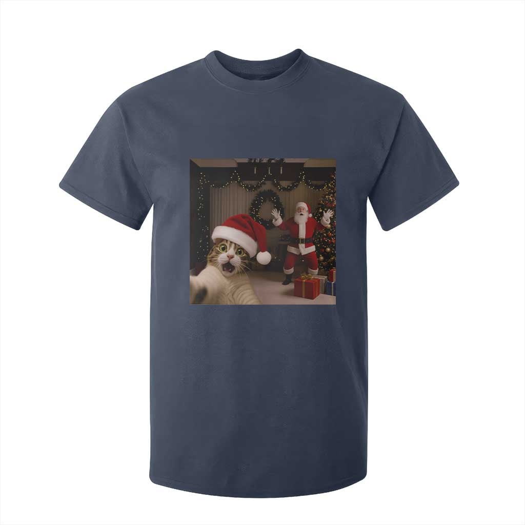 Funny Cat With Santa Selfie Christmas T Shirt For Kid TS14 Navy Print Your Wear