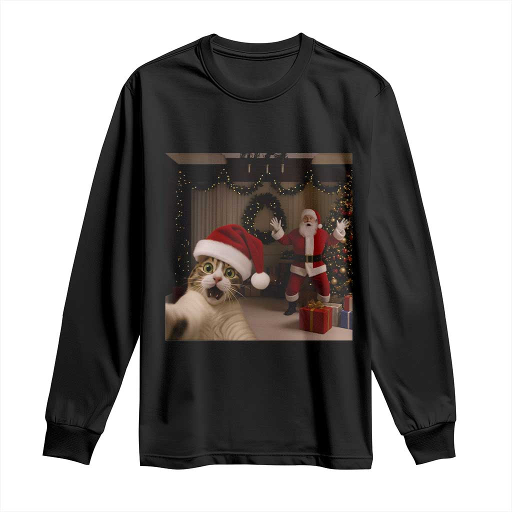Funny Cat With Santa Selfie Christmas Long Sleeve Shirt TS14 Black Print Your Wear