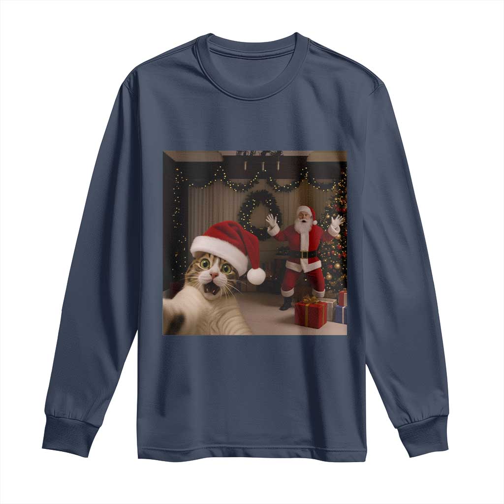 Funny Cat With Santa Selfie Christmas Long Sleeve Shirt TS14 Navy Print Your Wear