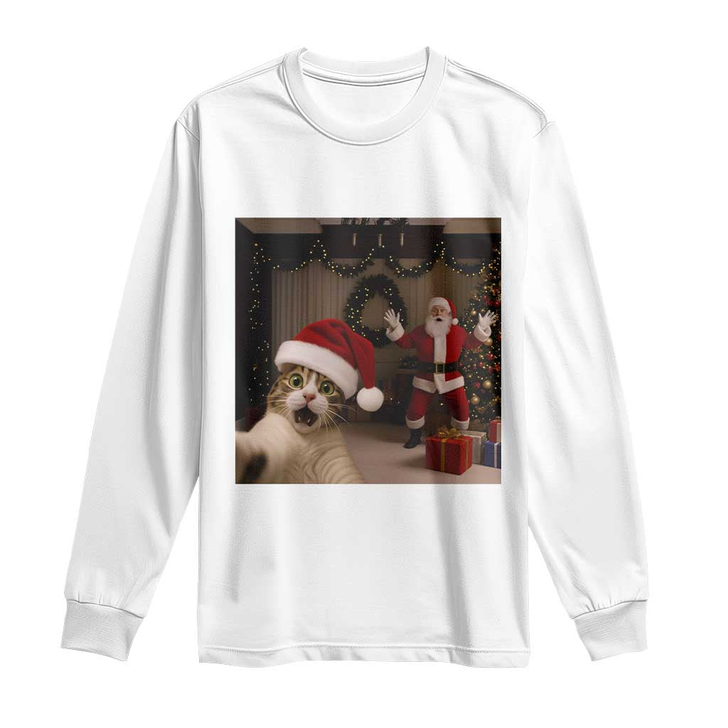 Funny Cat With Santa Selfie Christmas Long Sleeve Shirt TS14 White Print Your Wear