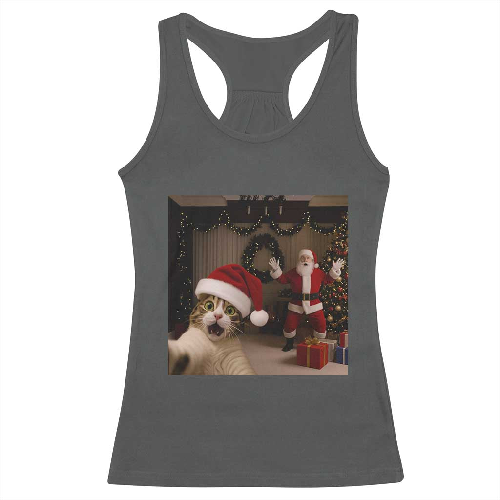 Funny Cat With Santa Selfie Christmas Racerback Tank Top TS14 Dark Heather Print Your Wear