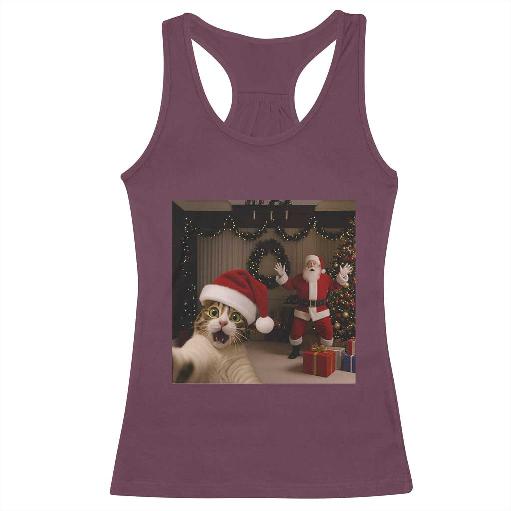 Funny Cat With Santa Selfie Christmas Racerback Tank Top TS14 Maroon Print Your Wear