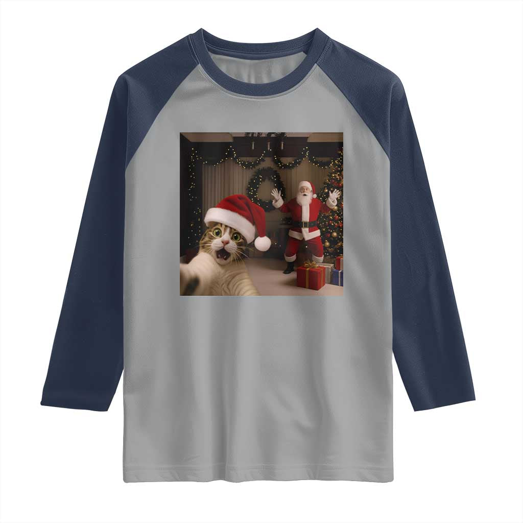 Funny Cat With Santa Selfie Christmas Raglan Shirt TS14 Sport Gray Navy Print Your Wear