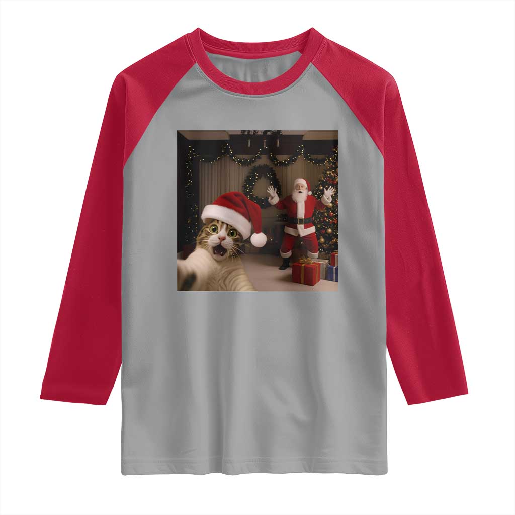 Funny Cat With Santa Selfie Christmas Raglan Shirt TS14 Sport Gray Red Print Your Wear