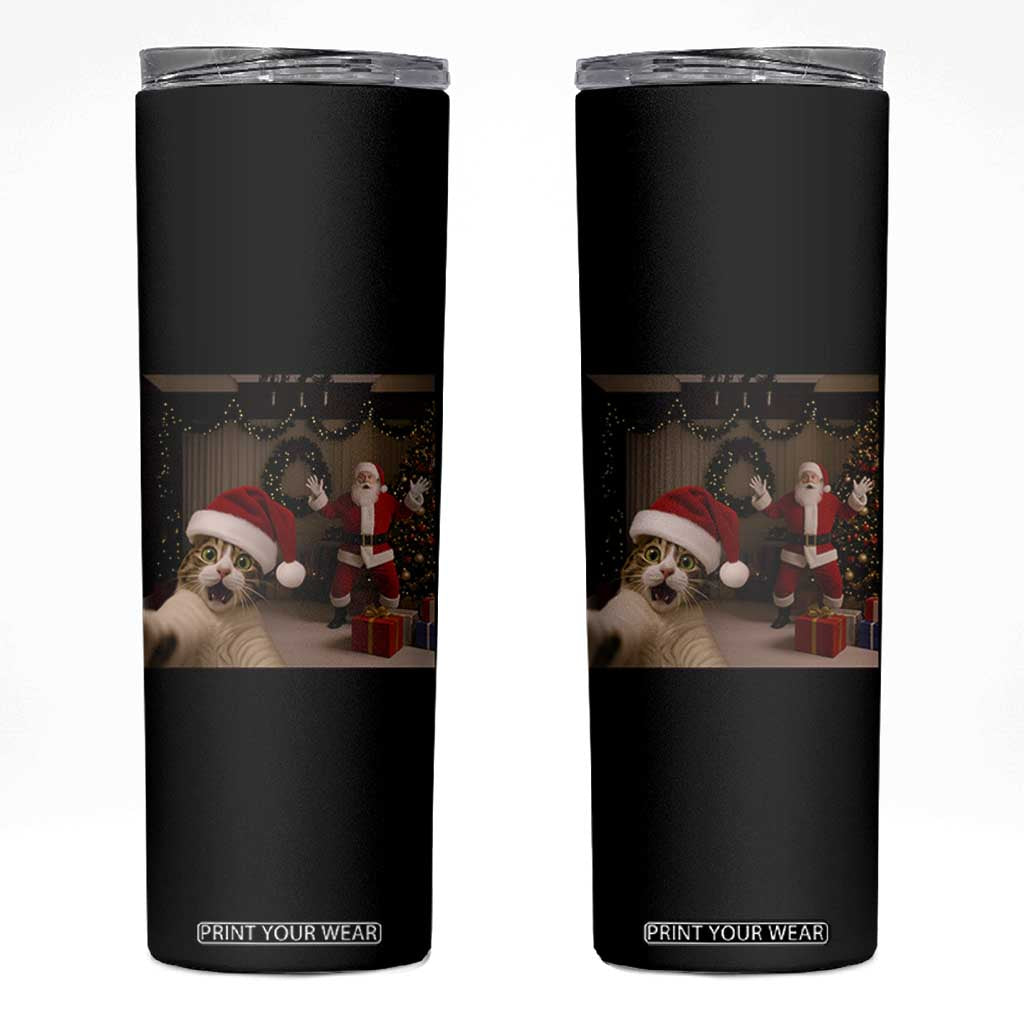 Funny Cat With Santa Selfie Christmas Skinny Tumbler TS14 Black Print Your Wear