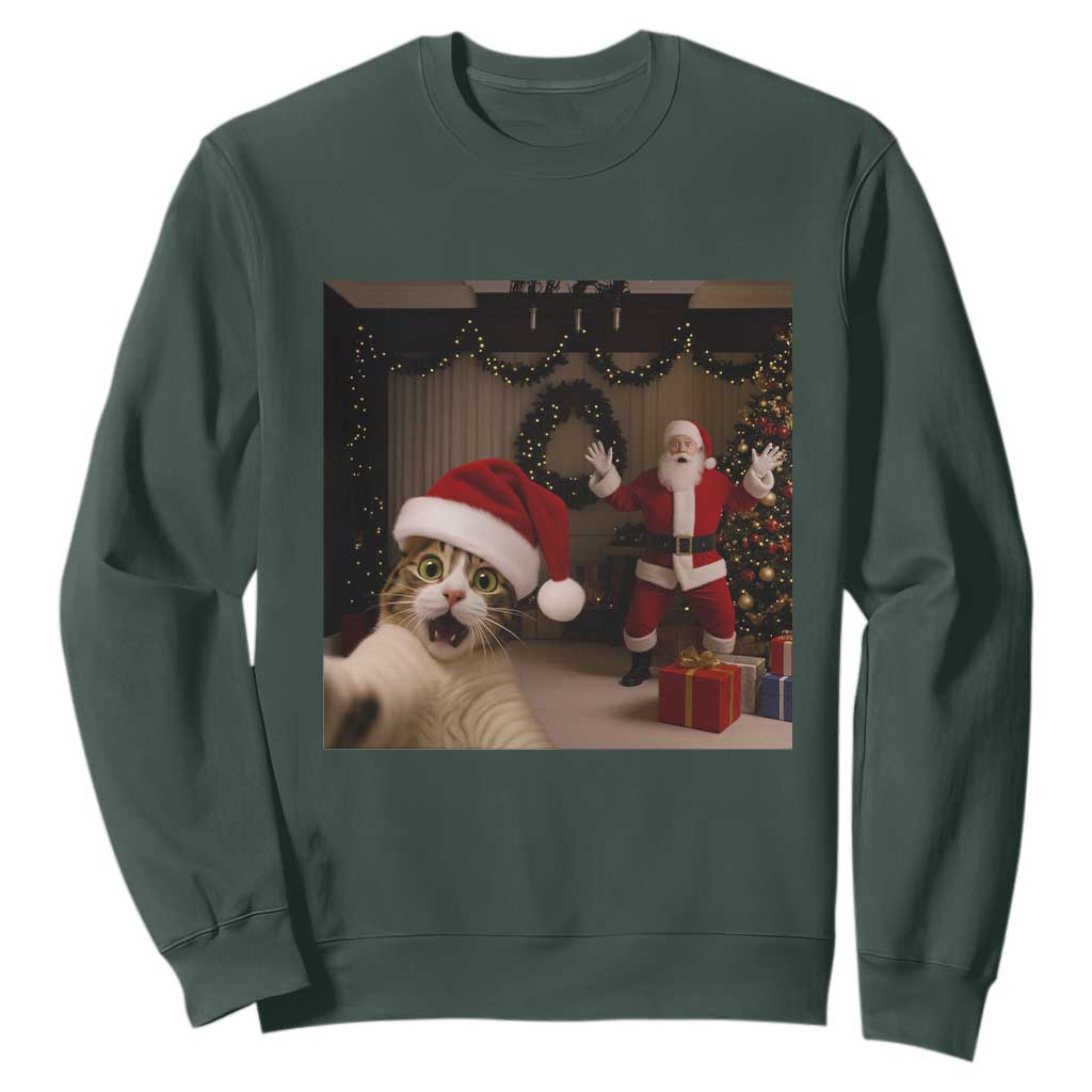 Funny Cat With Santa Selfie Christmas Sweatshirt TS14 Dark Forest Green Print Your Wear
