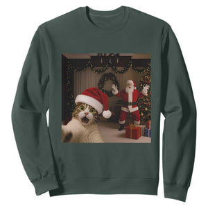 Funny Cat With Santa Selfie Christmas Sweatshirt TS14 Dark Forest Green Print Your Wear