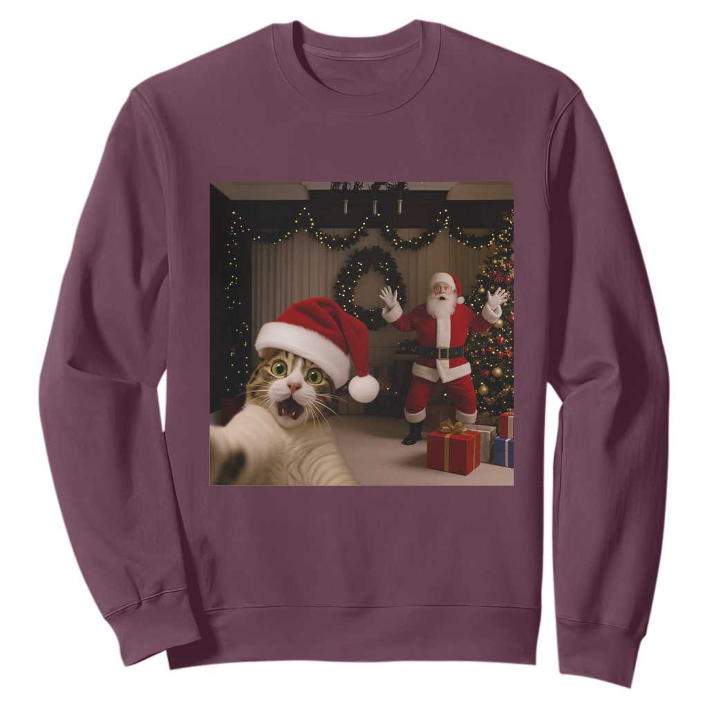 Funny Cat With Santa Selfie Christmas Sweatshirt TS14 Maroon Print Your Wear
