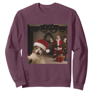 Funny Cat With Santa Selfie Christmas Sweatshirt TS14 Maroon Print Your Wear