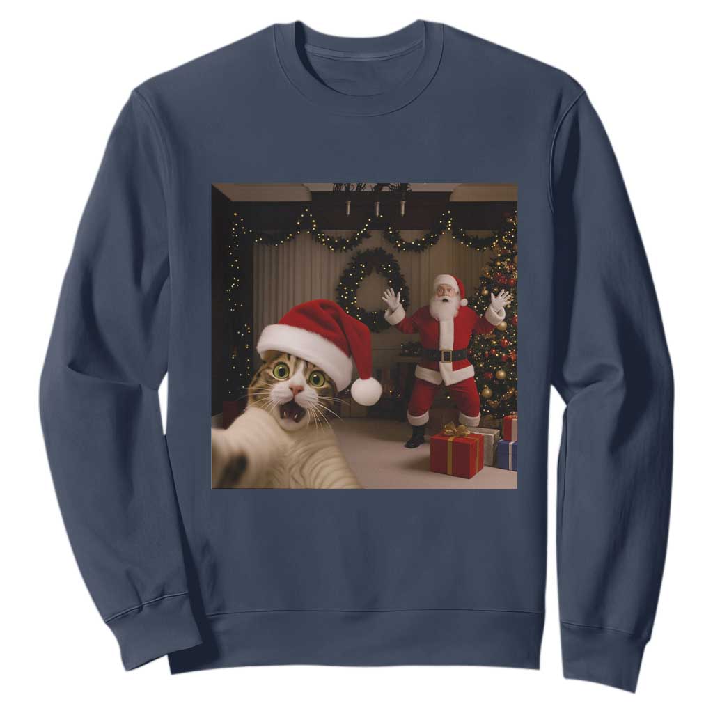 Funny Cat With Santa Selfie Christmas Sweatshirt TS14 Navy Print Your Wear
