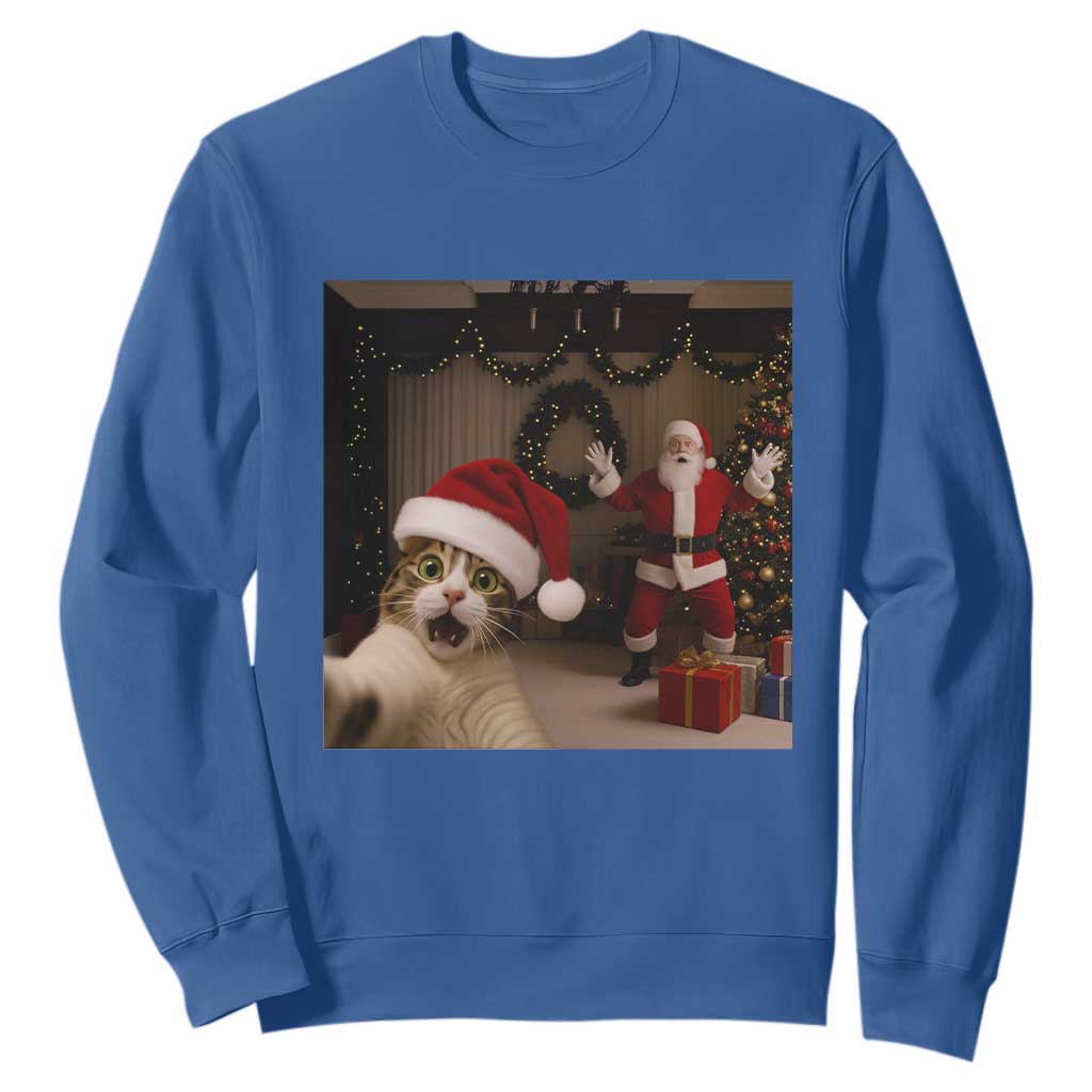 Funny Cat With Santa Selfie Christmas Sweatshirt TS14 Royal Blue Print Your Wear