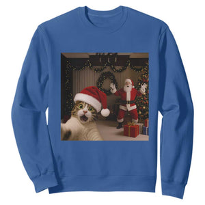 Funny Cat With Santa Selfie Christmas Sweatshirt TS14 Royal Blue Print Your Wear