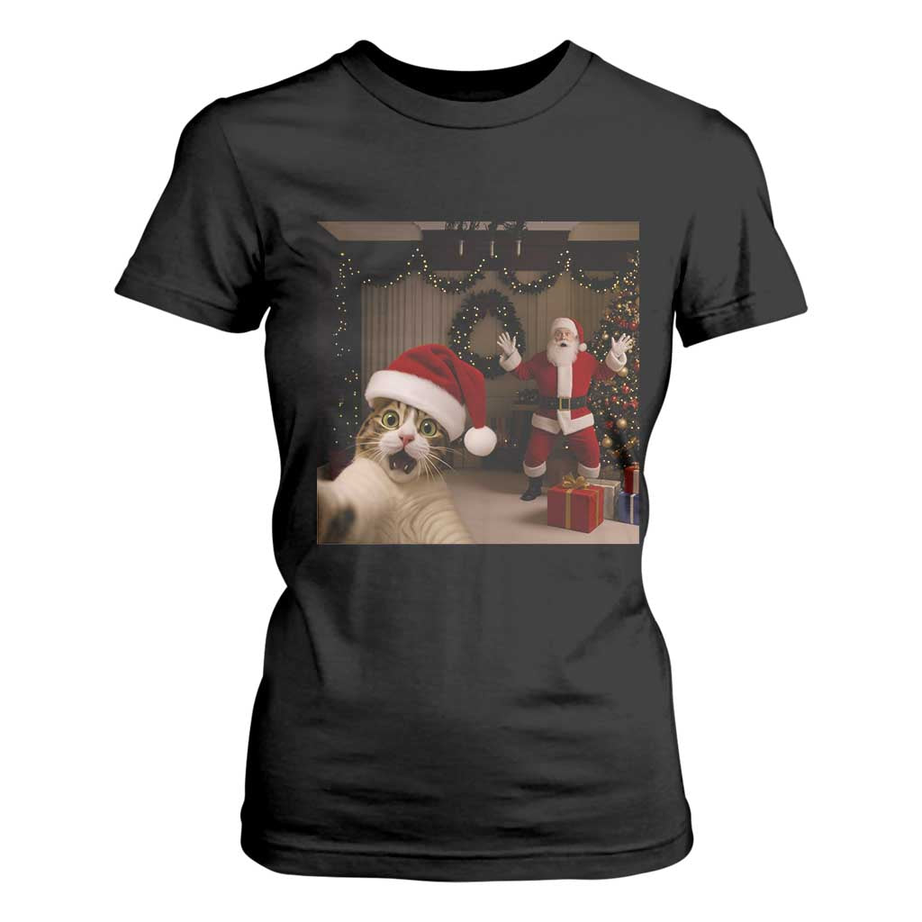 Funny Cat With Santa Selfie Christmas T Shirt For Women TS14 Black Print Your Wear