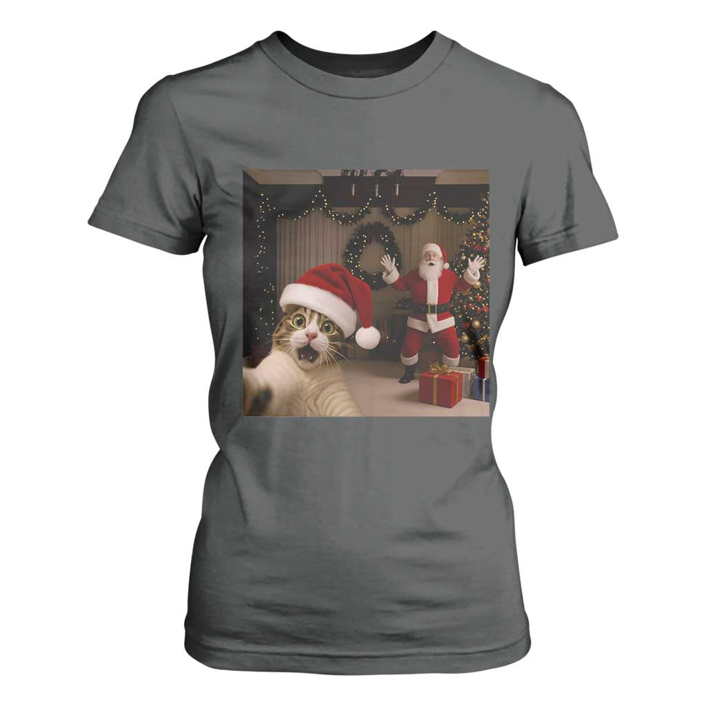Funny Cat With Santa Selfie Christmas T Shirt For Women TS14 Dark Heather Print Your Wear