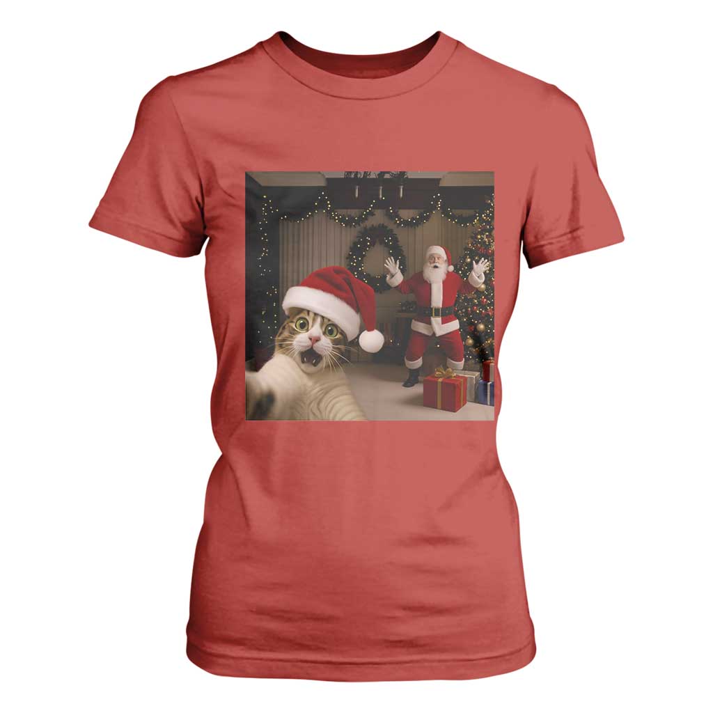 Funny Cat With Santa Selfie Christmas T Shirt For Women TS14 Red Print Your Wear