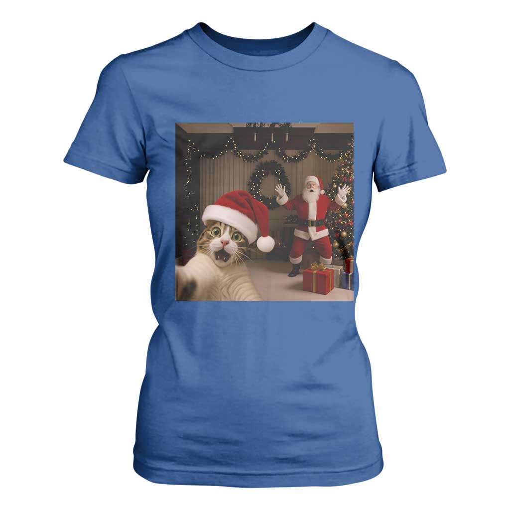 Funny Cat With Santa Selfie Christmas T Shirt For Women TS14 Royal Blue Print Your Wear