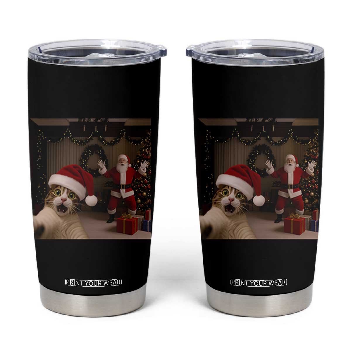 Funny Cat With Santa Selfie Christmas Tumbler Cup TS14 Black Print Your Wear