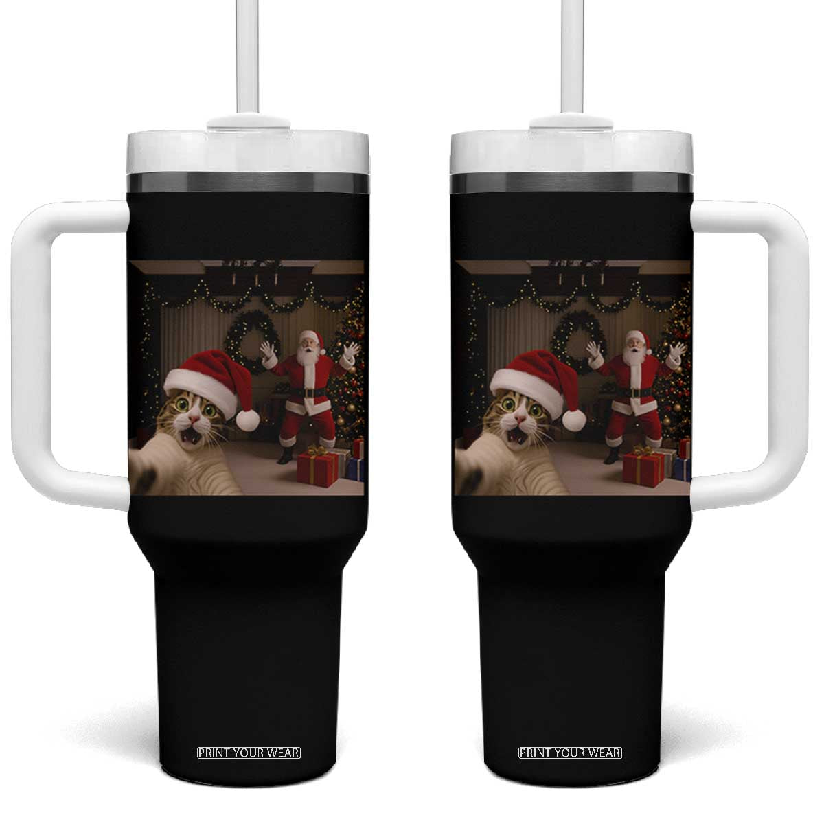 Funny Cat With Santa Selfie Christmas Tumbler With Handle TS14 One Size: 40 oz Black Print Your Wear