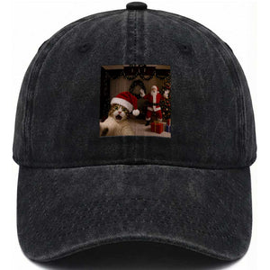 Funny Cat With Santa Selfie Christmas Washed Cotton Baseball Cap TS14 Washed Cap Universal Fit Black Print Your Wear