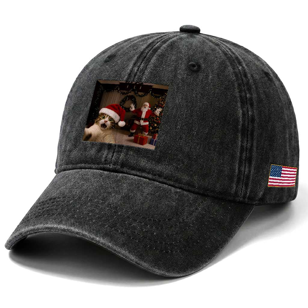 Funny Cat With Santa Selfie Christmas Washed Cotton Baseball Cap TS14 Print Your Wear