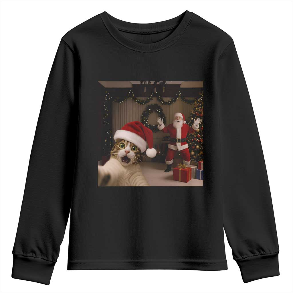 Funny Cat With Santa Selfie Christmas Youth Sweatshirt TS14 Black Print Your Wear
