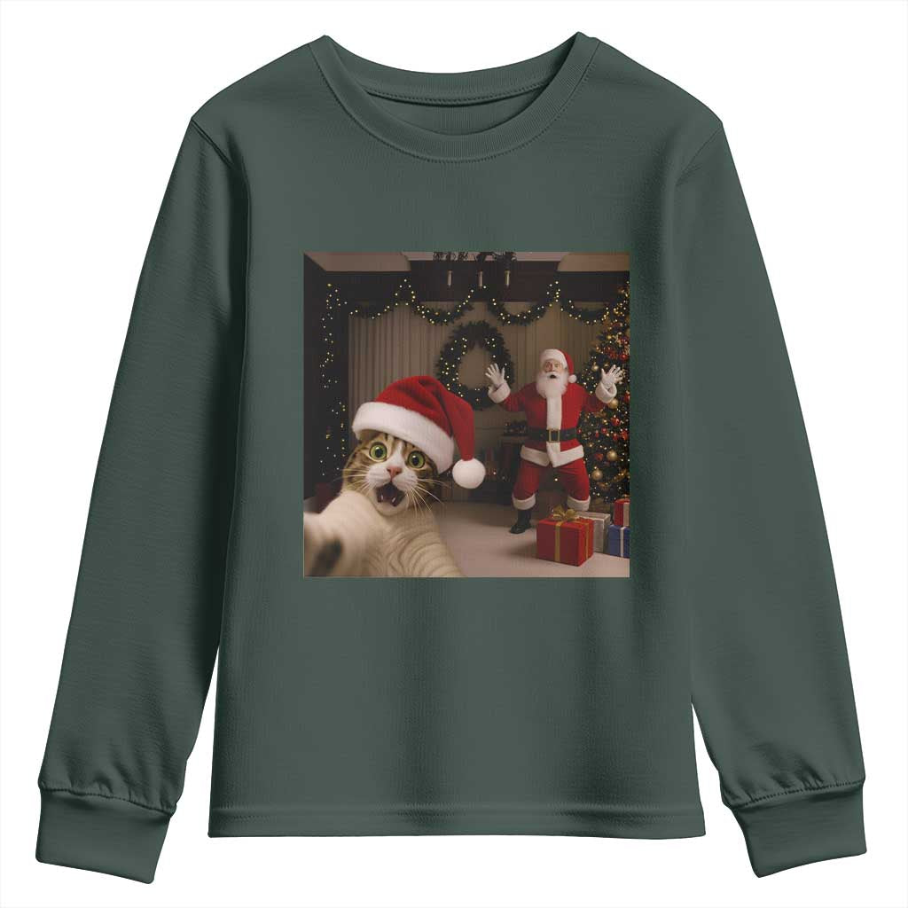 Funny Cat With Santa Selfie Christmas Youth Sweatshirt TS14 Dark Forest Green Print Your Wear