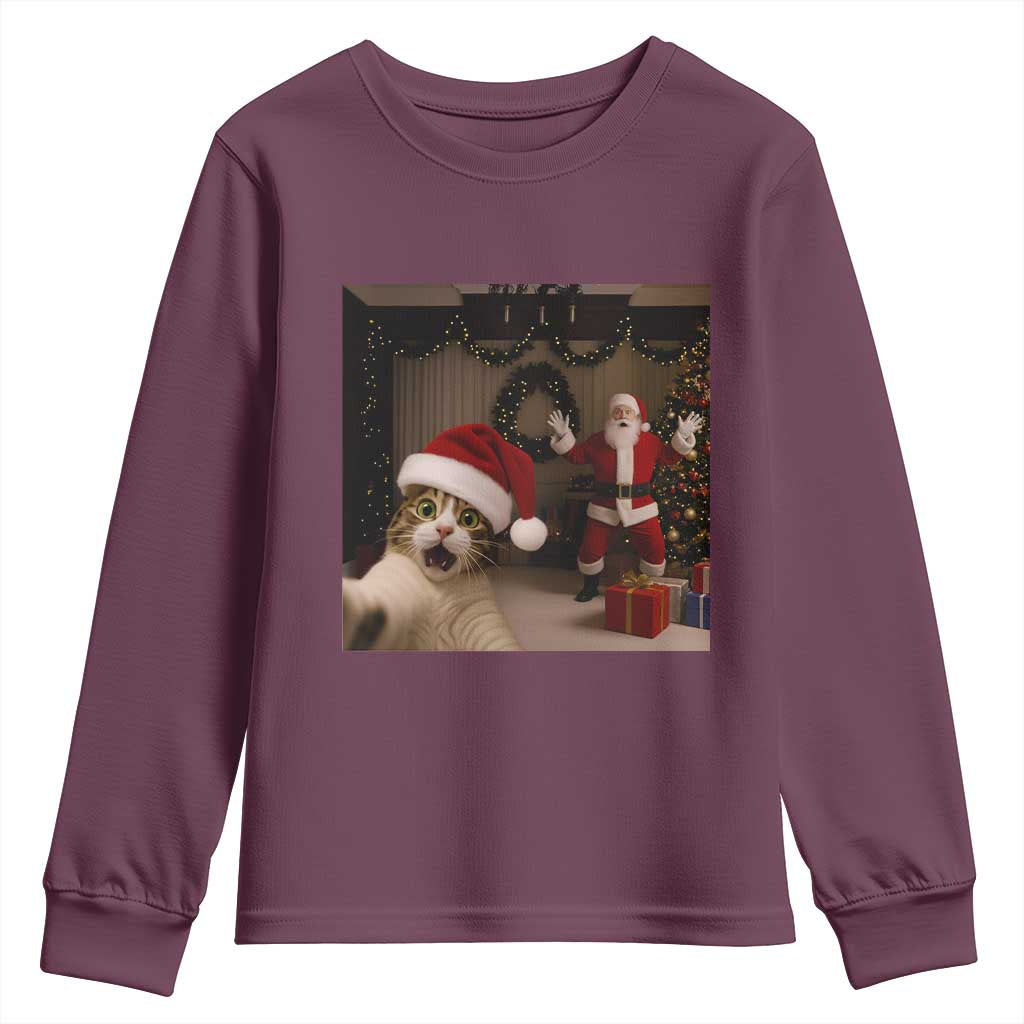 Funny Cat With Santa Selfie Christmas Youth Sweatshirt TS14 Maroon Print Your Wear